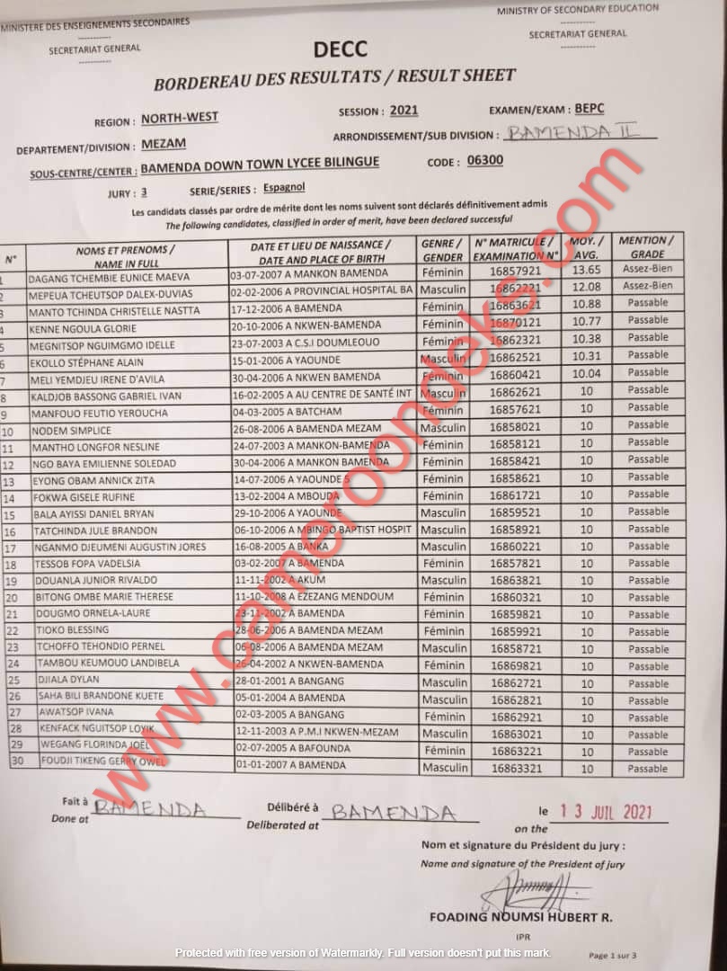 liste des candidats définitivement admis au bepc, session 2023 Cameroun